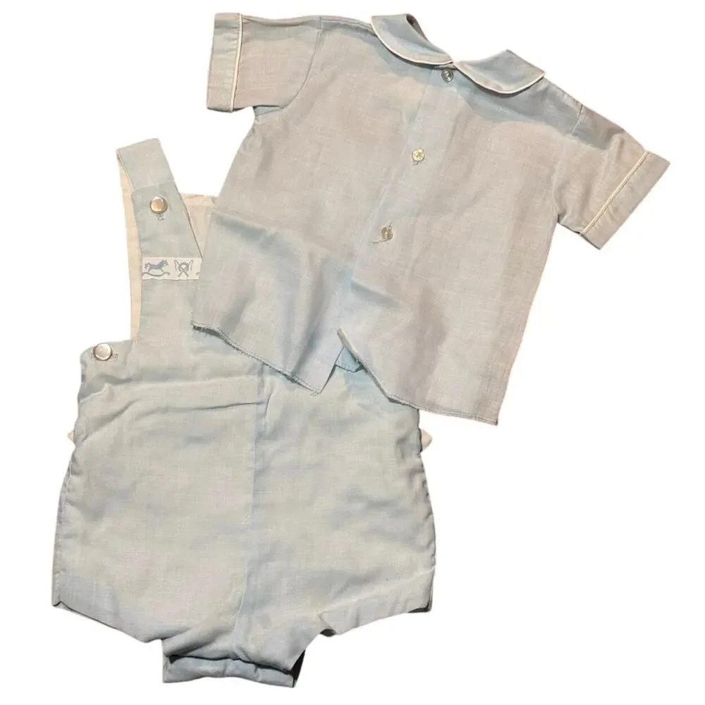 VTG C.I. Castro Baby Boy Blue Rocking Horse Shortall Peter Pan Bobby Suit 12 Mos